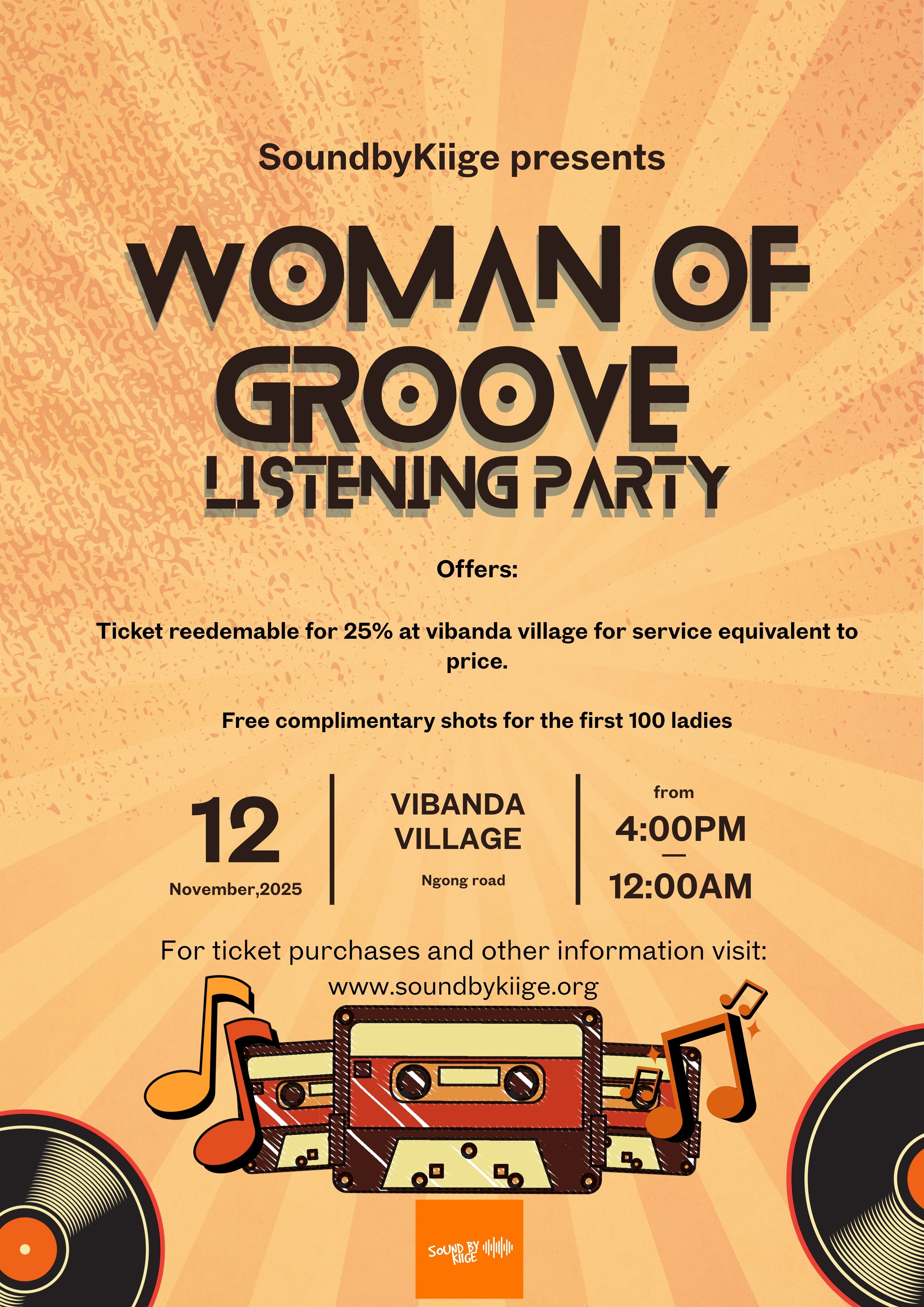 Promotional poster for 'Woman of Groove Listening Party' with event details and graphics.