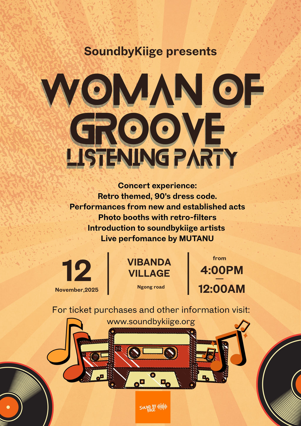 Promotional poster for 'Woman of Groove Listening Party' with event details and retro design elements.