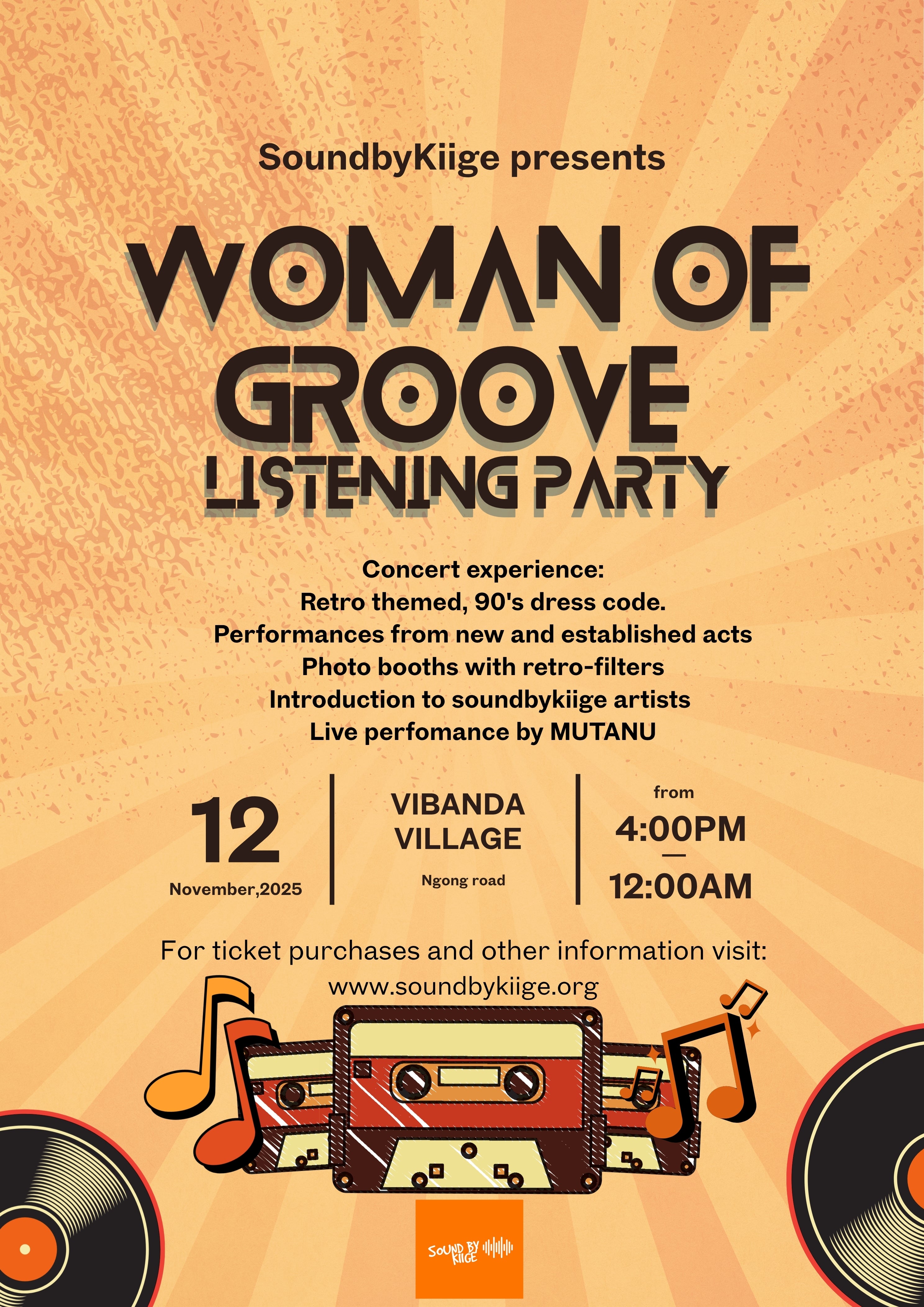 Promotional poster for 'Woman of Groove Listening Party' with event details and retro design elements.